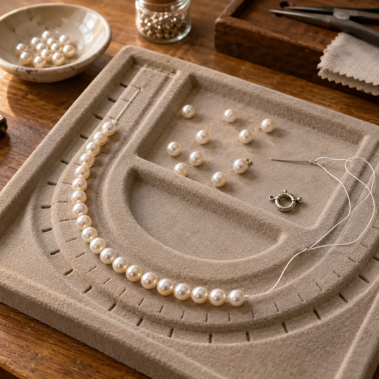 Collier de perles en cours de réenfilage